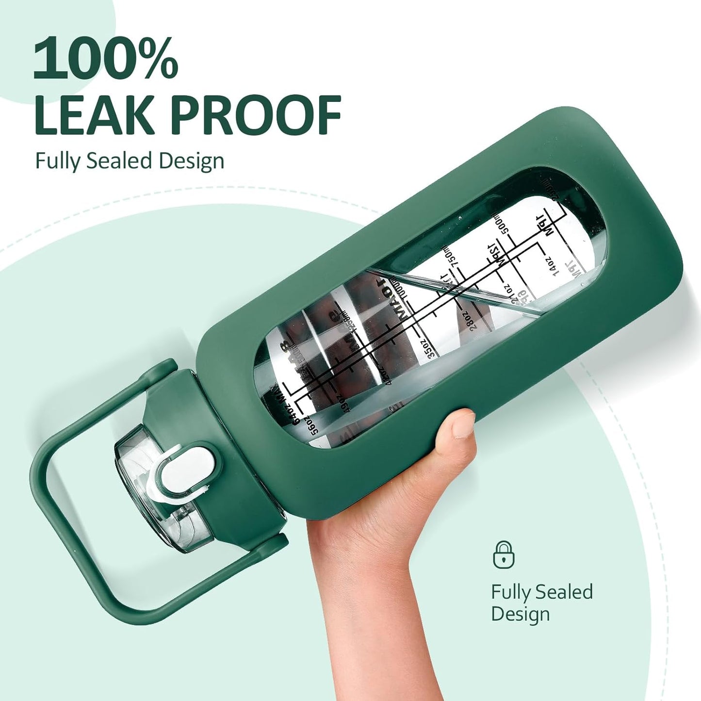 kytffu 64oz Glass Water Bottles with Straw, Half Gallon Motivational Glass Bottle with Silicone Sleeve and Time Marker, 2L Leakproof Large Glass Water Jug for Gym Home Office, Ink Green