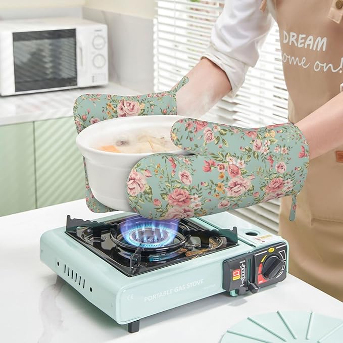 Pink Flower Oven Mitts Pot Holders Set Silicone Vintage Spring Romantic Bloom Floral and Leaf Green Kitchen Oven Mitts Heat Resistant Potholders Non-Slip 4pcs Hot Pads and Oven Gloves Sets