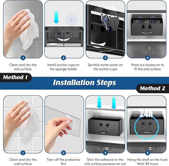 Sponge Holder for Kitchen Sink,Smiley Face Sink Caddy,Sponge Holder Stainless Steel with Suction Cups & 1 PCS Adhesive Strips for Holding Soap,Brush,Scrubber,Sponge-Black