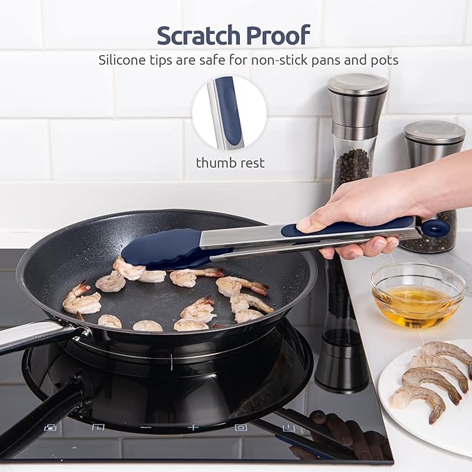 Heat Resistant Silicone Kitchen Tong: U-Taste 12 inch Large 480ºF Hot Proof Cooking Tong with Sturdy Non Stick Rubber Tips & Silicon Coated Steel Handle & Smooth Locking for Serving (Midnight Blue)