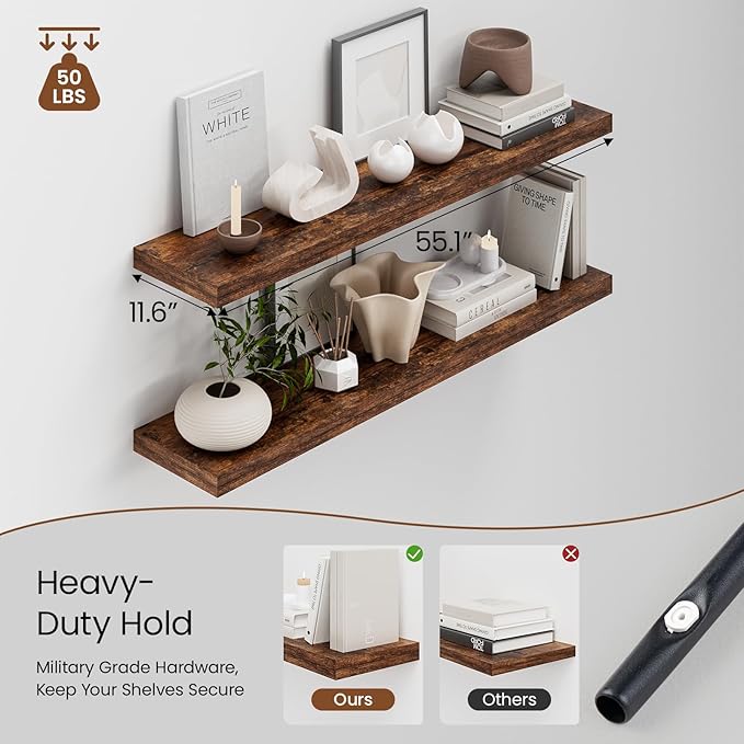 Heimlove 12 Inch Deep Floating Shelves, 55 x 12 inch Extra Long Floating Shelves for Wall, Large Display Shelf & Storage Shelf for Living Room Bedroom Kitchen Home Office, Set of 2, Rustic Brown