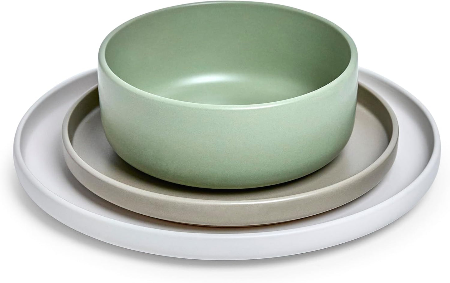 Sango Rollo Alta 12-Piece Modern Stoneware Dinnerware Set- Sage/Sand/White, Includes Dinner & Salad Plates, Cereal Bowls, Microwave & Dishwasher Safe, Highly Chip and Crack Resistant, Service for 4