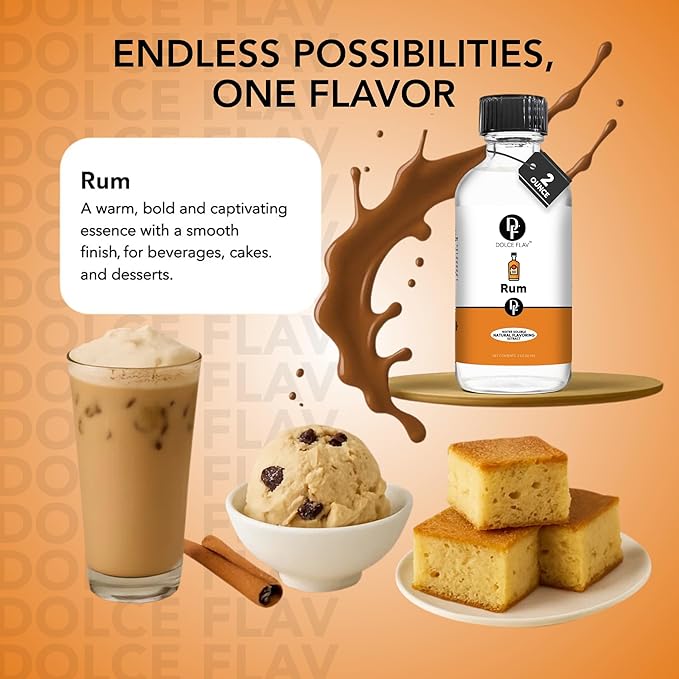 Dolce Flav Natural Rum Extract – 2 Ounce Water-Soluble Kosher, Sugar-Free, Concentrated Dark Rum Flavoring for Baking, Cocktails & Desserts, Includes Measured Dropper