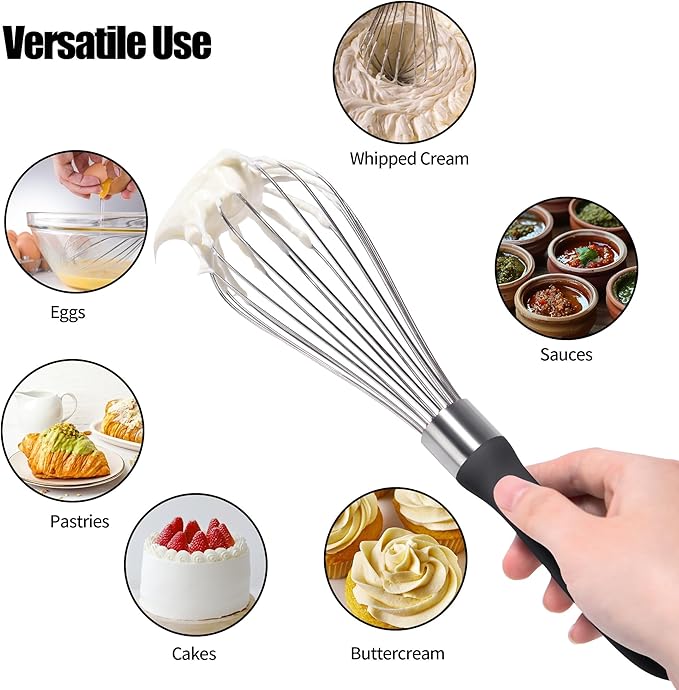 18/8 Stainless Steel Balloon Whisk, Doosu Kitchen Whisk for Cooking Handheld Egg Beater with Rust-Proof Sturdy Wires & Non-Slip Silicone Handle for Beating, Stirring, Blending (8 Wires, Black)