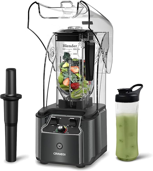 CRANDDI Quiet Commercial Blender with Soundproof Shield, 2200 Watt Professional Blenders for Kitchen with 80oz Jar and Self-Cleaning, High-Speed Blenders K90 Grey