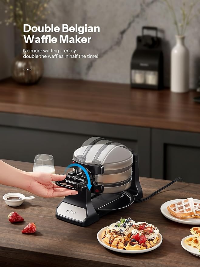Belgian Waffle Maker, Classic Rotating Waffle Iron with Nonstick Plates, Removable Drip Tray and Cool Touch Handles, Double Flip Waffle, Rotating Belgium Waflera Maker by Yabano, Brushed Stainless