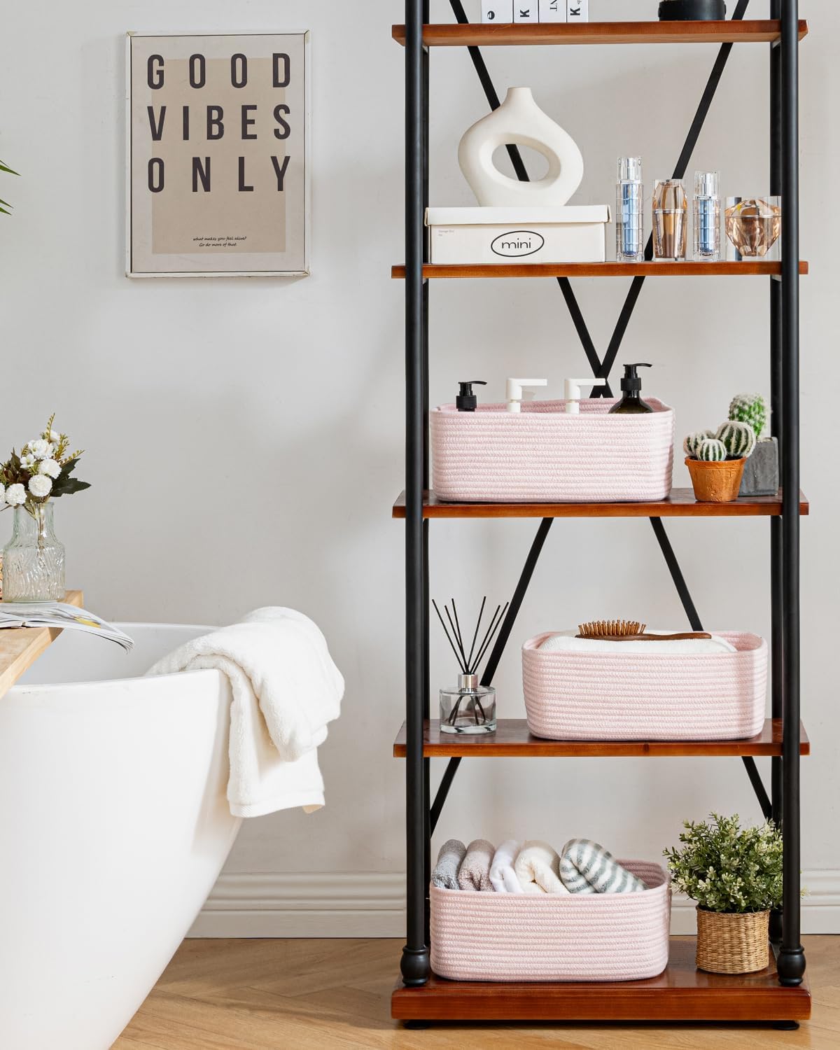 Small Woven Basket, 13.5 x 9.5 x 5 Inches, Storage Basket for Organizing, Cute Small Rope Shelf Closet Cube Storage Bins Baskets for Shelves, Dog Toy Gift Baskets Empty, 3 Pack Light Pink