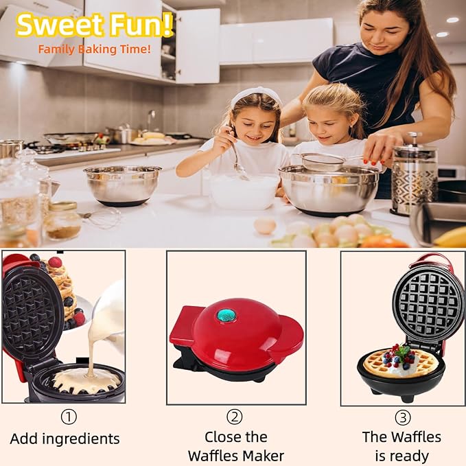 3 in 1 Mini Waffle Maker with Removable Plates-Waffles,Donuts,Pancakes all in Multimaker -Nonstick Surface for Easy Cleaning - Great Holiday Gift(Red)