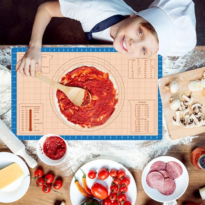Pastry Baking Mat 28x20 Inch - Larger Silicone Baking Pastry Mat for Rolling Dough,Non Silp Silicon Dough Sheet Mat with Measurement,Perfect for Making Pie,Pizza(Blue)