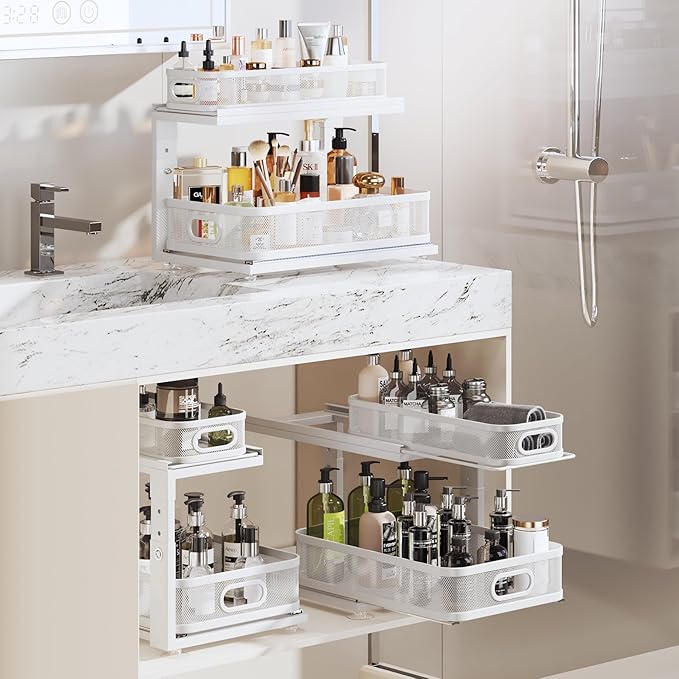 2 Pack 18.5IN-Depth Under Sink Organizer With Next-Gen Ball-Bearing Slides,2-Tier Precision Mesh Pull Out Cabinet Storage for Bathroom&Kitchen,Height Adjustable Drawers Shelf,Anti-rust-White
