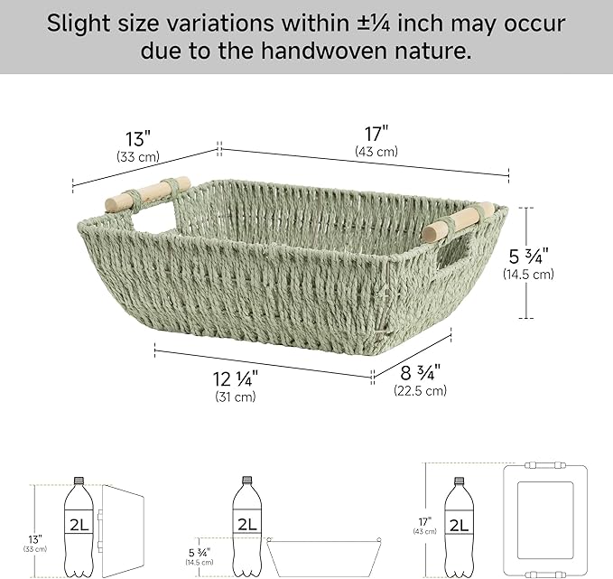 StorageWorks Extra Large Wicker Storage Basket for Organizing with Wooden Handles, Toilet Paper Baskets for Bathroom, Bosana Green, 2-Pack