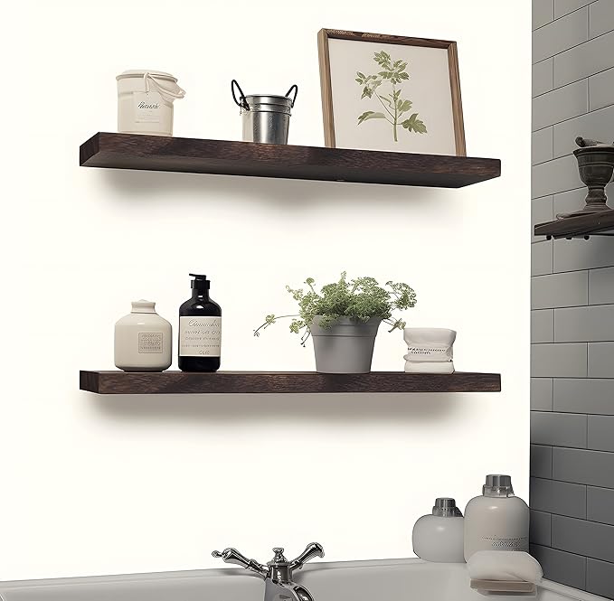 Wood Floating Shelves for Wall, Wooden Wall Shelves for Bedroom, Wall Mounted Shelves for Living Room, Set of 4 Brown 24 Inch