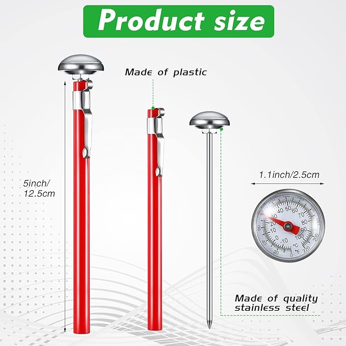 Xuhal 3 Pcs Stainless Steel Kitchen Thermometer with 5 Inch Long Stem 1 Inch Dial Thermometer Milk Frothing Food for Oven Probe Meat Grill BBQ Cooking Chocolate Water (Red,Black,White)