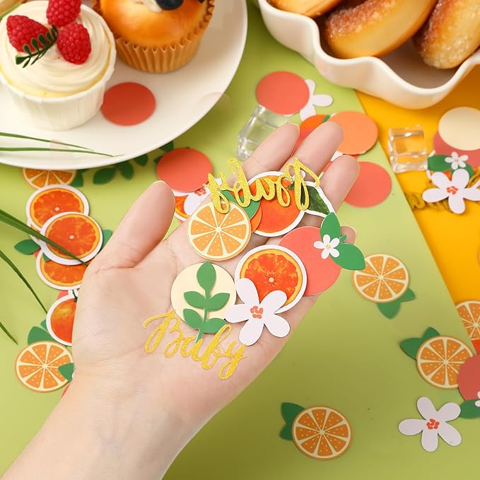MARFOREVER 500 Pcs Little Cutie Baby Shower Confetti Citrus Decoration Orange Baby Shower Confetti Tangerine Eucalyptus Scatter for Gender Reveal Birthday Party Table Decoration Supplies