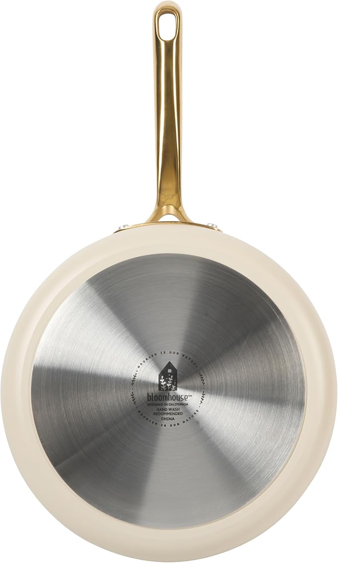 bloomhouse - Oprah's Favorite Things - 10 Inch Heavy Duty Aluminum Premium PFA Free Ceramic Nonstick Saute/Deep Frying Pan Skillet with Lid - Almond Cream w/Gold Handle