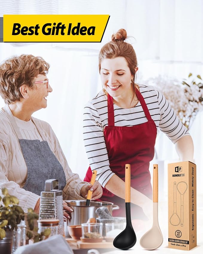 Pack of 2 Soup Ladle, Silicone Ladle Spoon with Wooden Handle, Large Non Stick High Heat Resistant Kitchen Utensils for Cooking, Stirring, Serving Soups(BLACK-KHAKI)