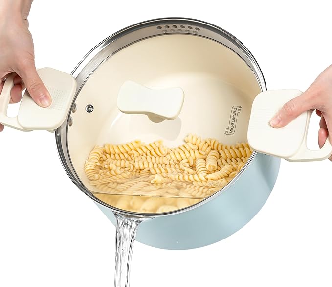 MICHELANGELO Pasta Pot with Strainer Lid - 6 Quart Cooking Pot with Lid, Non Stick Spaghetti Pot Ceramic Coated with Twist and Lock Handles for Easy Draining, Induction Compatible, Soft Aqua