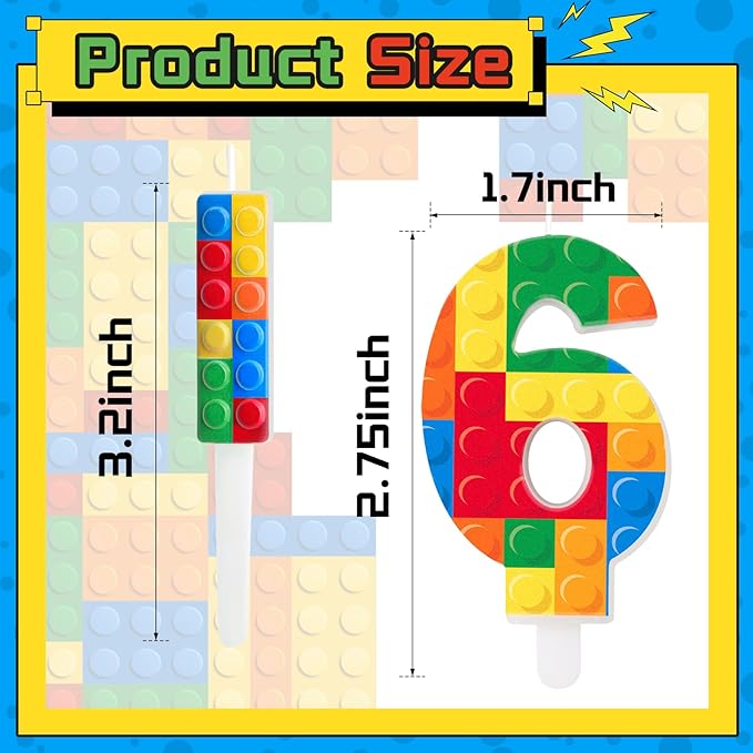 7 Pcs Building Block Themed Birthday Candles Set Building Blocks Number 6 Candle Cake Topper for Building Block Party Decoration Supplies (Number 6)