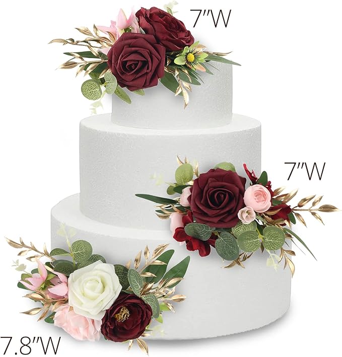 Rinlong Pre-made 3Pcs Cake Toppers Burgundy Flowers Cake Decorations Wedding Cake Decorating Flowers Decor Birthday Baby Shower Party Christening Christmas Cake Toppers