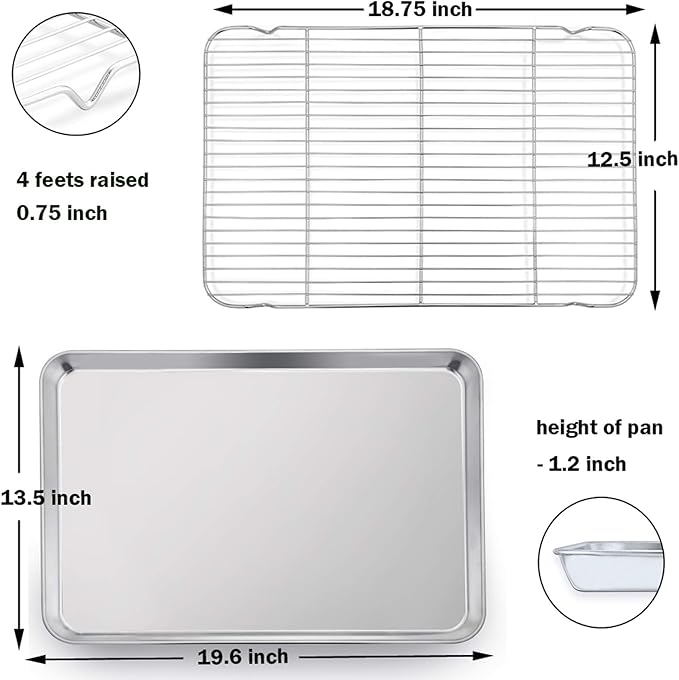 P&P CHEF 19.6 Inch Baking Sheet Pan with Rack Set, Stainless Steel Cookie Sheet Pan Tray with Cooling Rack for Oven Use, Cooking Roasting, Non Toxic & Dishwasher Safe, Heavy Duty