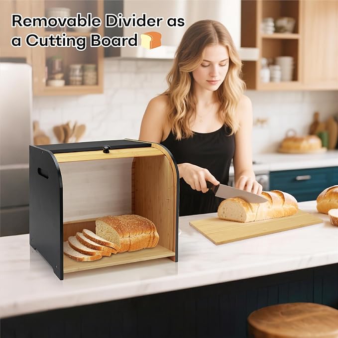 Bread Box for Kitchen Countertop, Double Layer Bamboo Bread Storage Container for Homemade Bread, Roll Top Bread Box with 3 Adjustable Height for Kitchen Counter, Black Breadbox Organizer