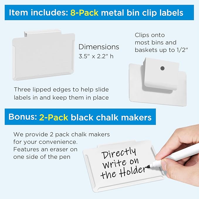 Metal Pantry Baskets Labels Clip On for Storage Bins | Edge Fold-Cream (Edge Fold-White, 8 Metal Label Clip)
