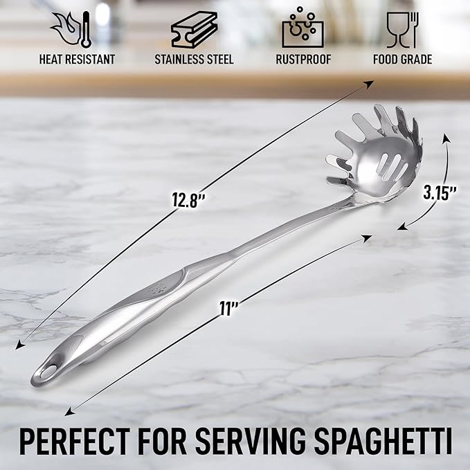 Zulay Kitchen Premium Stainless Steel Spaghetti Spoon - Pasta Spoon with Teeth - Metal Pasta Spoon - Pasta Fork Noodle Spoon - Easy to Use & Clean Pasta Utensil - 12’ Pasta Server