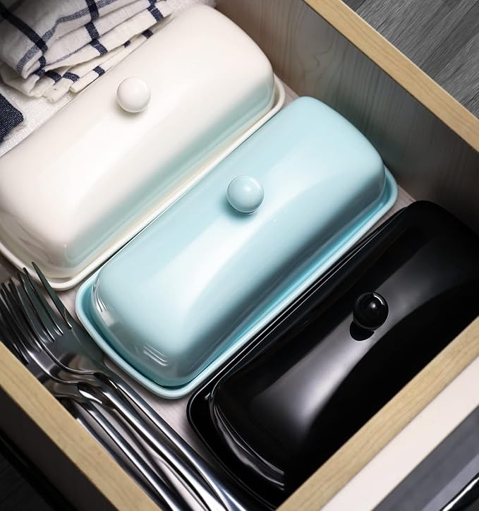 Nucookery Ceramic Butter Dish with Lid | Raised Legs and Non-Slip Strip Design | Porcelain Health | Dishwasher Safe, Black