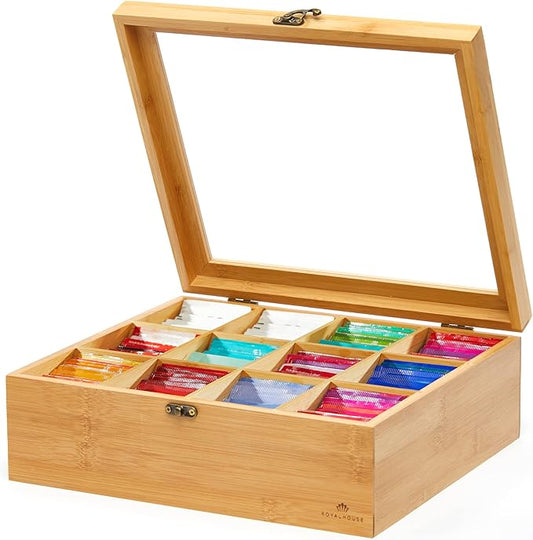 RoyalHouse Big Natural Bamboo Tea Storage Organizer with Clear Acrylic Top Window, 12 Compartments Eco-Friendly Tea Bag Holder, Multi-Functional Storage Box