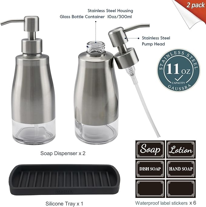 Kitchen Soap Dispenser Set with Silicone Tray and Stickers - Brushed Nickel, Stainless Steel Glass Soap Dispenser Bathroom, Refillable Hand Dish Soap Dispenser for Kitchen Sink