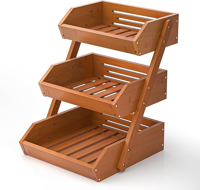 G.a HOMEFAVOR Fruit Basket for Kitchen, 3-Tier Fruit Bowl for Kitchen Counter, Vegetable Storage Stand for Fruit Shop, 15 mm Thickness, Brown