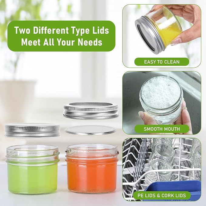 4 oz Small Mason Jars, 16 Pack Mini Canning Jars with 2 Types of Lids, 16 Split-Type and 16 One-Piece Lids for Dessert, DIY