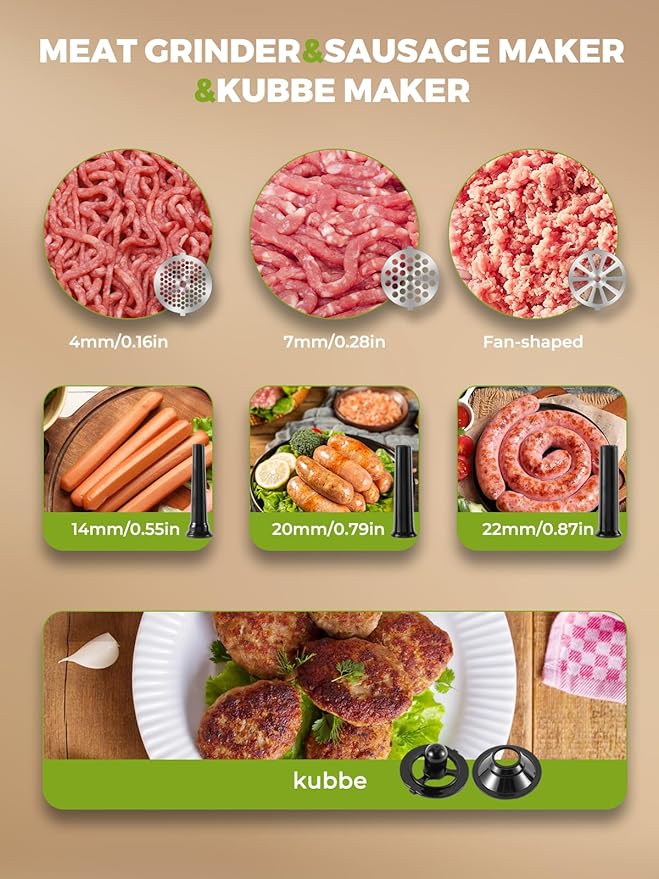 Electric Meat Grinder 3200W Multifunctional Meat Grinders Chopper Machine with Cutting Blade 3 Grinding Plates 3 Sausage Stuffers Kubbe Kit Juicer Cheese Grater Veggie Shredder Slicer