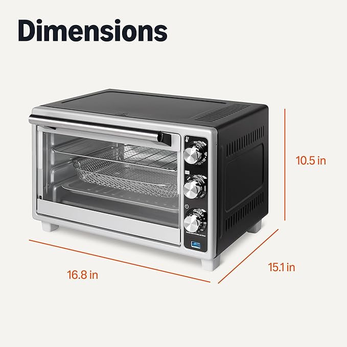 Amazon Basics 6-Slice 23-QT Toaster Oven with Built-In Air Fryer, 7-In-1 Cooking Options, 60-Min Timer & Adjustable Temperature (200℉ - 450℉), With Accessories, 1500W, Stainless Steel, Silver/Gray
