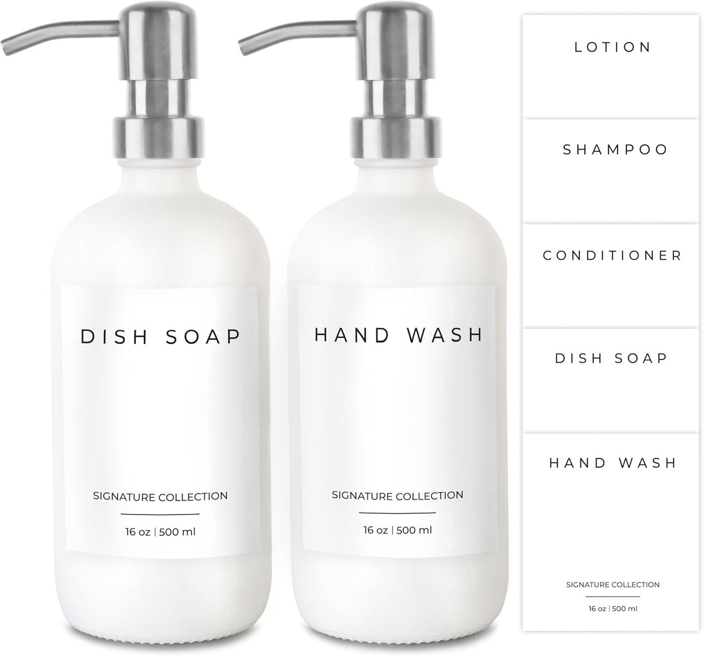 Emerson Essentials Soap Dispenser, Dish Soap for Kitchen - Hand Dispenser Bathroom Set, Kitchen Set Glass Soap Bottles with Pump and Labels, 16 Oz, 2 Pack