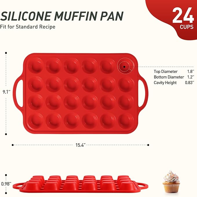 24 Cups Silicone Muffin Pan with Metal Reinforced Frame Mini Size Cupcake Pan Tray Egg Bites Silicone Circle Cookie Molds Muffin Tin Tart Pans Baking Sheet Set for Breakfast Sandwiches Round