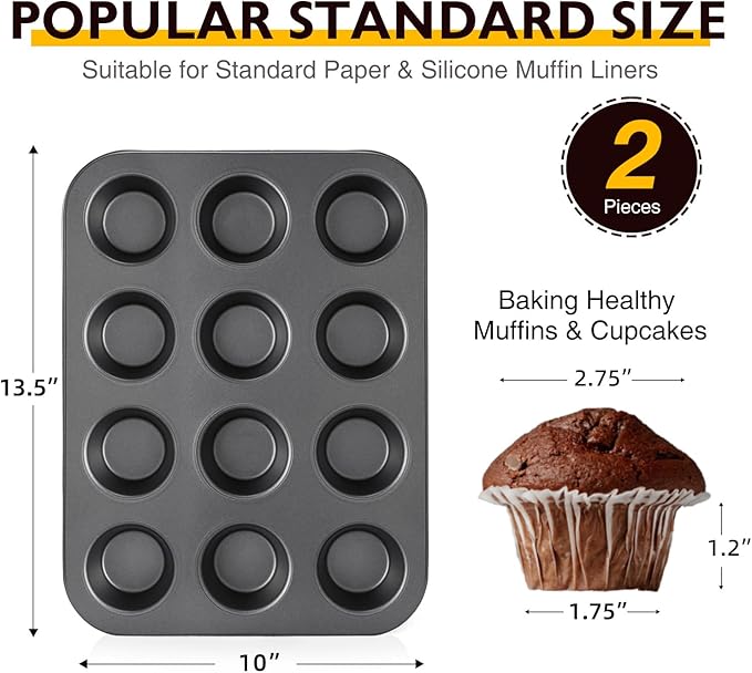 HONGBAKE Muffin Pan for Baking, Nonstick Cupcake Tin 12 Cup, 2 Pack Cup Cake Tray, Premium Cheesecake Pans, Dishwasher Safe - Dark Grey