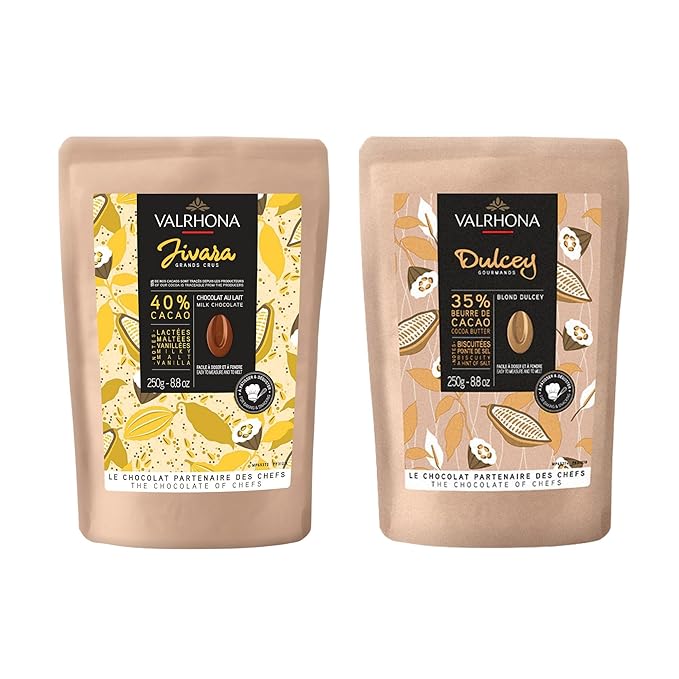 Valrhona Premium Baking Chocolate Discs (Feves), Milk JIVARA 40% with Hints of Vanilla and Malt, and Creamy Blonde Chocolate DULCEY 35% with Caramel Cookie Flavor Notes, for Cookies, Cakes, and more