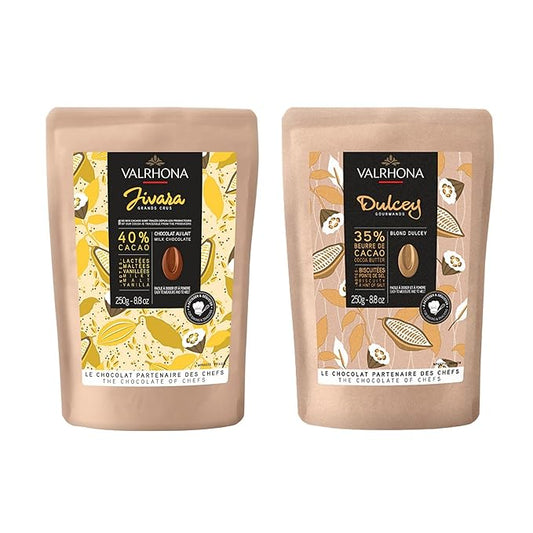 Valrhona Premium Baking Chocolate Discs (Feves), Milk JIVARA 40% with Hints of Vanilla and Malt, and Creamy Blonde Chocolate DULCEY 35% with Caramel Cookie Flavor Notes, for Cookies, Cakes, and more