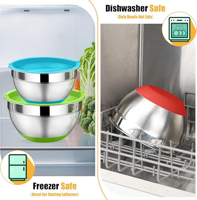 P&P CHEF Mixing Bowl with Lids Set of 3, Stainless Steel Nesting Salad Bowls for Serving Preparing, 3 Grater Attachments & Non-Slip Bottoms, Size 1.5/2.6/4.6 QT, Multicolor