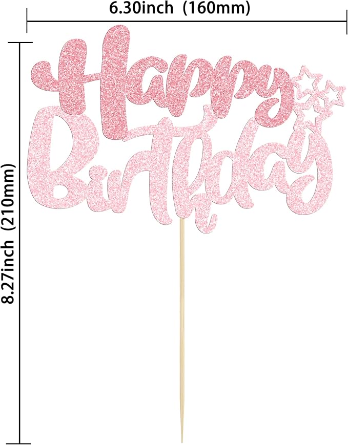 Ephlyn 1Pcs Happy Birthday Cake Topper Glitter Happy Birthday Cake Pick Decorations for Celebrating Happy Birthday Anniversary Theme Party Cake Decorations Supplies Pink Light Pink