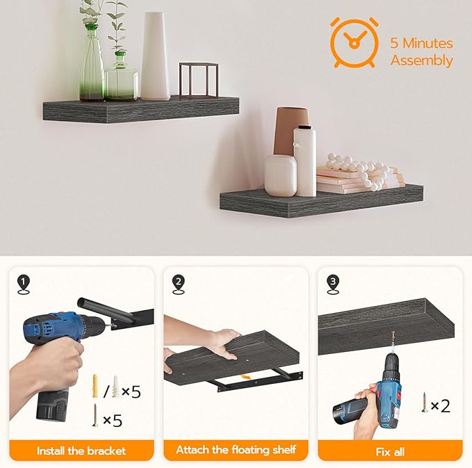 HOOBRO Floating Shelves for Wall, Wall Mounted Shelf Set of 2, 15.7" Hanging Shelf with Invisible Brackets, for Wall in Bathroom, Bedroom, Toilet, Kitchen, Living Room, Office, Charcoal Gray BC40BJ01