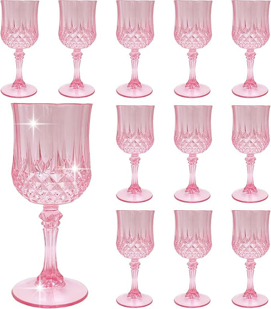 Plastic Wine Glasses，Plastic Goblets Vintage Style Cordial Drinking Glasses for Wedding Reception, Grand Event Party Supplies (12, Pink)