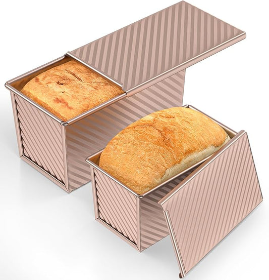 2 Pack Pullman Loaf Pan with Lid - Nonstick Bread Baking Pans for Homemade, Carbon Steel Toast Mold with Cover for Toaster Oven, Gold (1.2 lb & 0.67 lb)