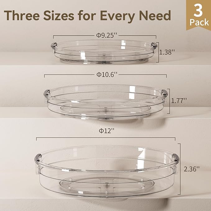 LAMU 3 Pack Lazy Susan Organizer Turntable for Cabinet, Rotating Condiment Organizer for Kitchen Pantry Organizers and Storage, Table Top, Fridge, Countertop, Spice Organization, 9.25'' 10.6'' 12''
