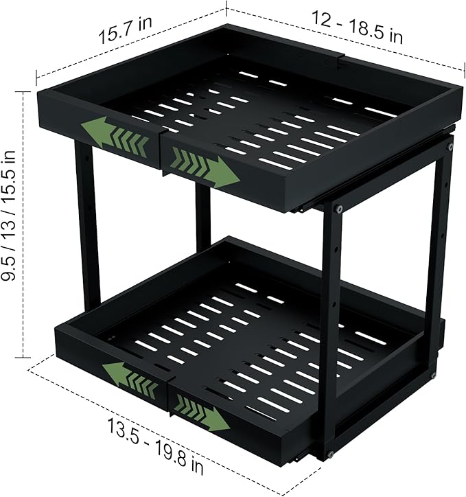 2 Tier Pull Out Cabinet Organizer ,Adjustable Width & Height,Expandable Pull-Out Drawers For Cabinets, Slide Out Shelves for Kitchen Cabinets / Countertop / Pantry,Heavy-Duty & Easy to Install(Black)