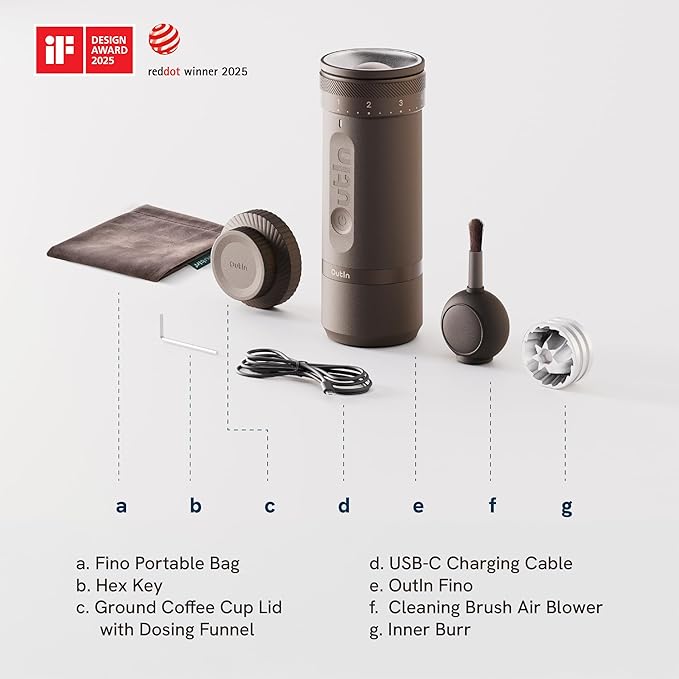 OutIn Fino Portable Electric Coffee Grinder,Adjustable Coffee Bean Grinder with 28 Precise Grind Setting,One-Button Burr Coffee Grinder with Fast‑Charge Battery, Auto‑Stop & Clog‑Protection