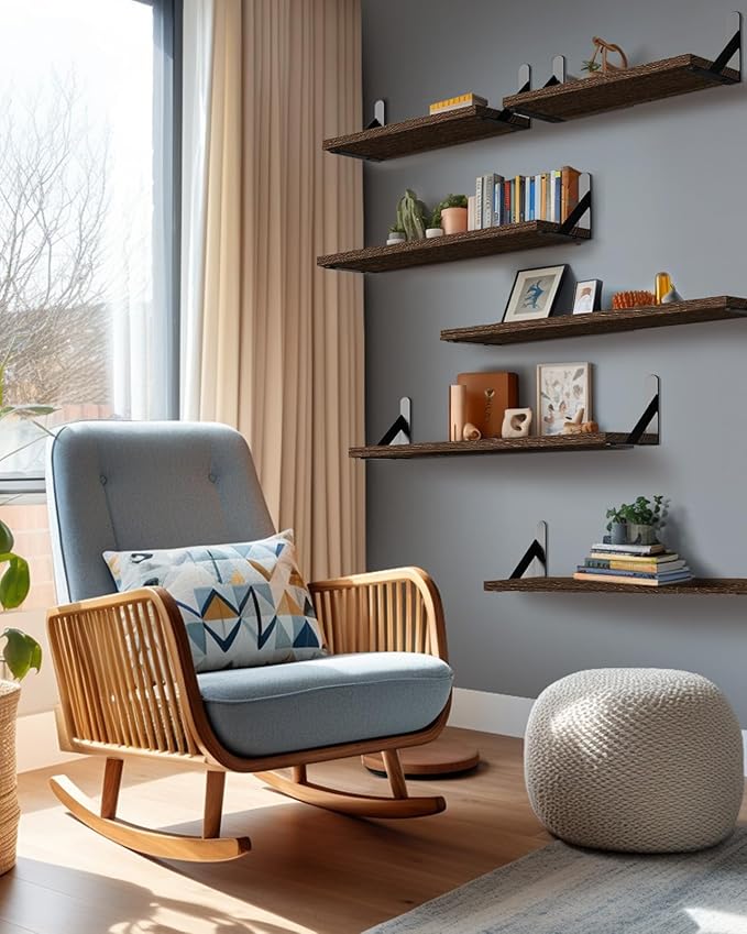 AMADA HOMEFURNISHING Long Wall Shelves, Rustic Farmhouse Floating Shelves for Bedroom, Bathroom & Living Room, Brown