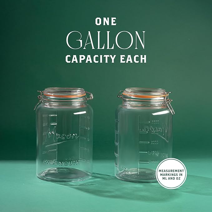 kitchentoolz 1 Gallon Glass Mason Storage Jars with Airtight Lids & Measurment Marks, Super Wide Mouth Canning Jars with Large Capacity for Pickles, Water Glassing & Overnight Oats - 2 Pack