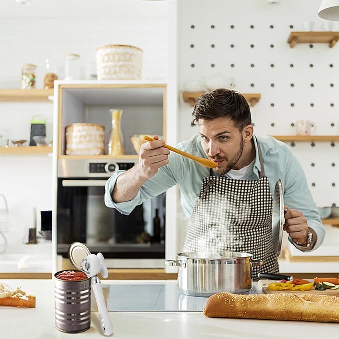 Can Opener Manual Tin Opener Stainless Steel Heavy Duty, Oversized Hand-held Easy Rotary Knob, Safe Cut Manual Can Opener with Non-Slip Handle, Smoother Cut Sharp Blade for Seniors Kitchen Tool, White
